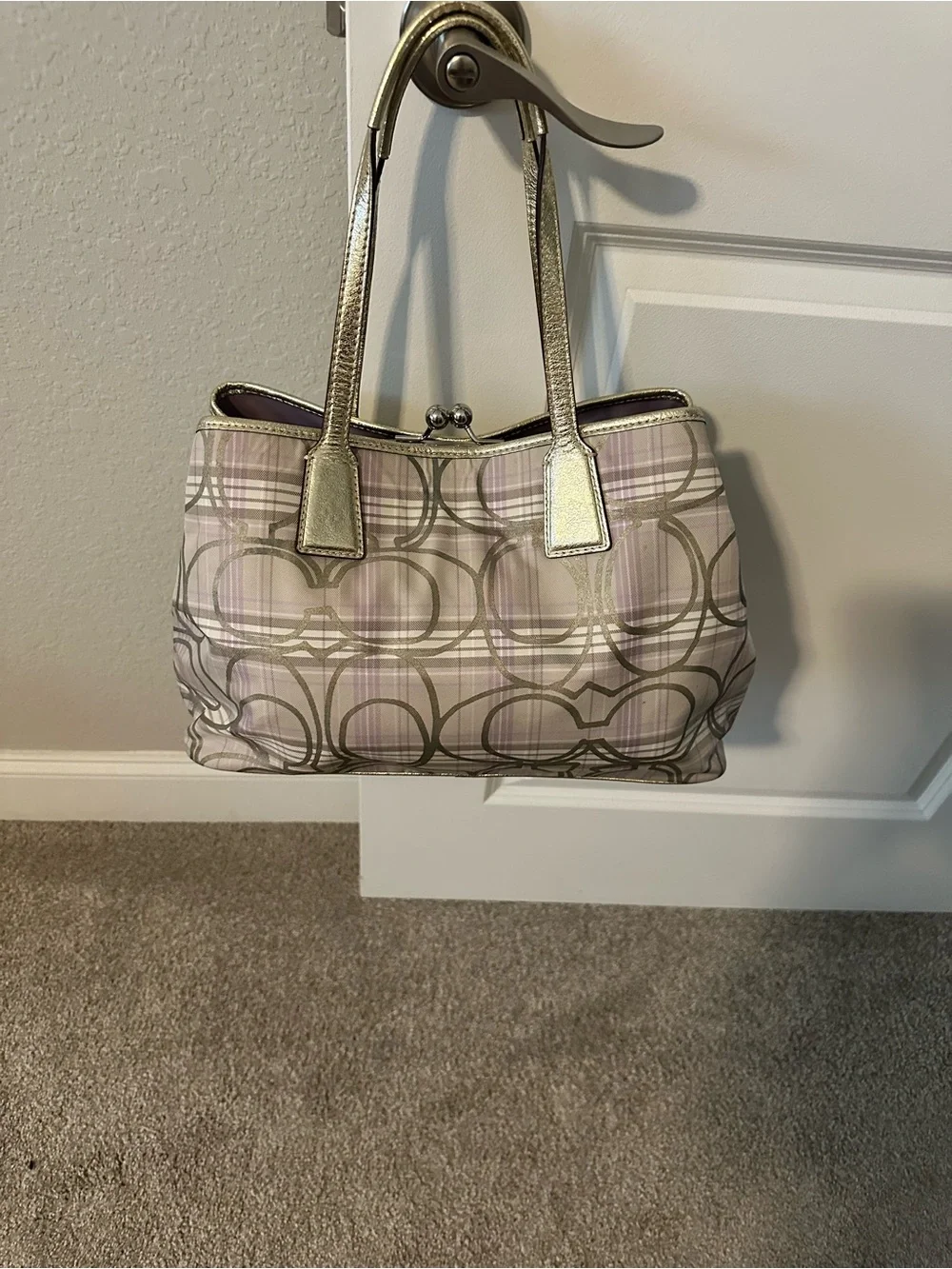Coach Lavender Plaid Tote with Metallic Gold Trim